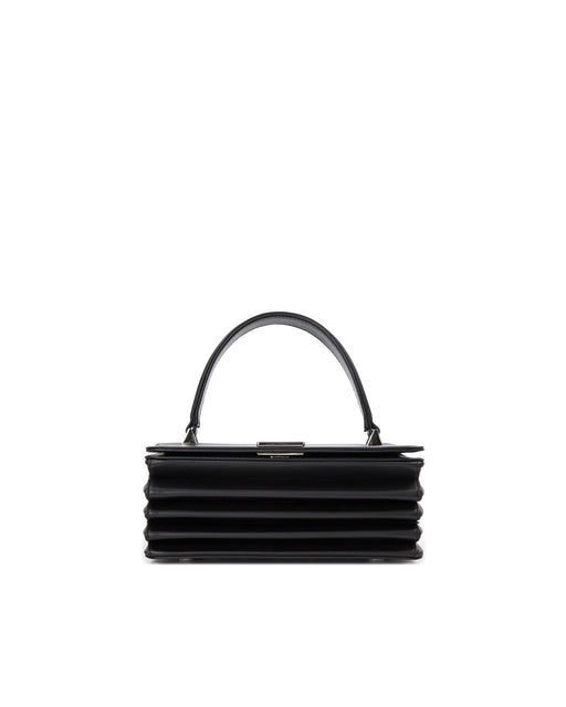 Front View of   Shinno Bag in Black Smooth Leather with Silver Hardware