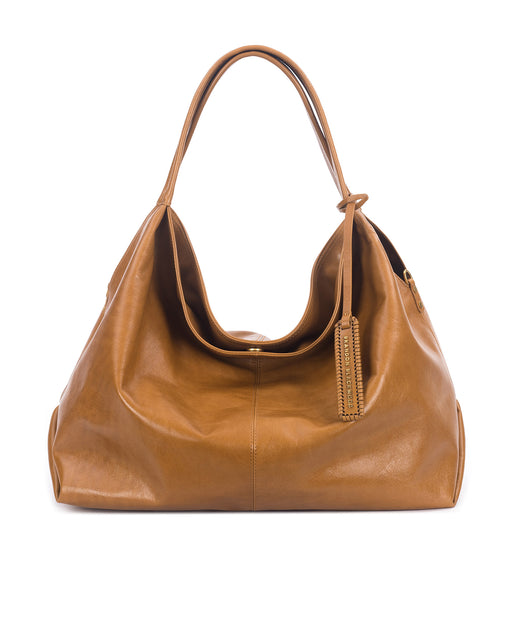 Front Hobo Tote Bag in Tan Cracked Leather with Brass Hardware