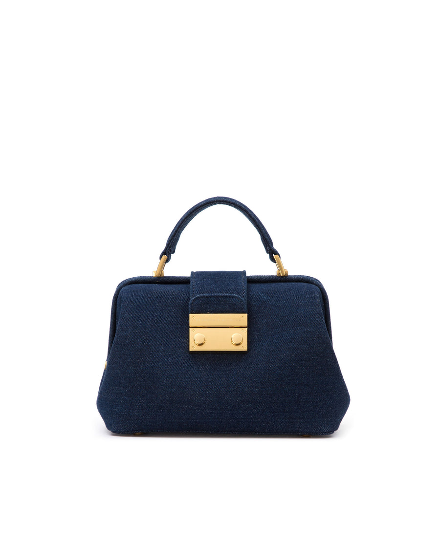 Front of Elizabeth Doctor Bag in dark denim with dark denim handle brass clasp buckle