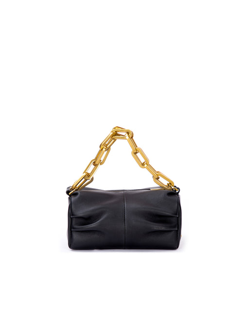 Front of Mini Valentina with black smooth leather and brass chain link handle with brass logo embossed zipper closure 