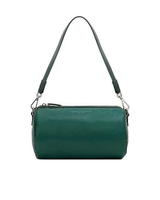 Front of Bianca Duffle in green puffer nylon with leather shoulder strap 