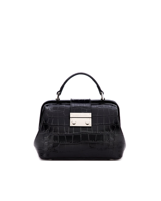 Front of Elizabeth Doctor Bag in black croc embossed leather with leather handle silver clasp buckle