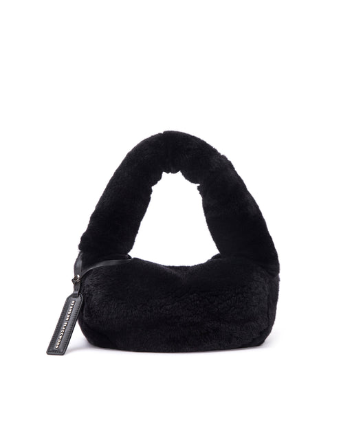 Front of Parker Shoulder Bag in Black Rex Rabbit Fur