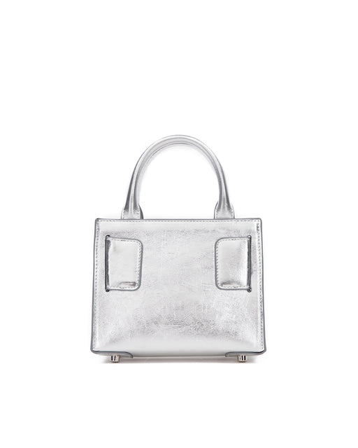 Back of Kuei Bag in silver crinkle leather with silver leather handle