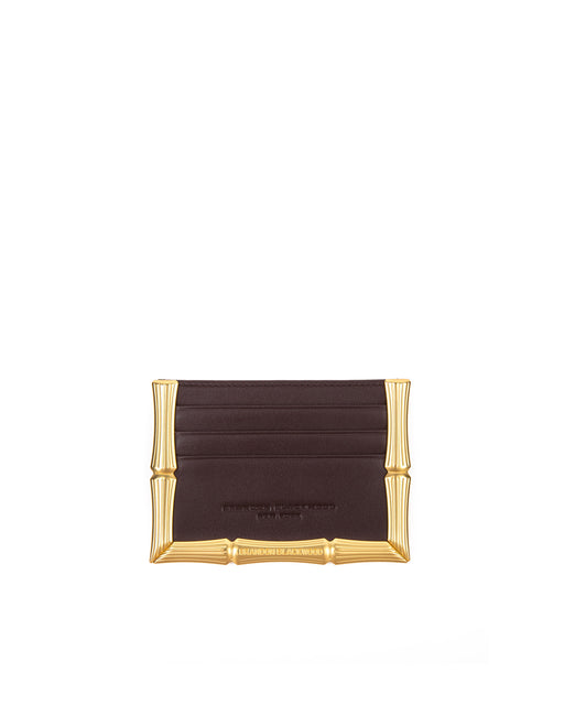 Front of Bamboo B Cardholder in Dark Brown leather with 6 card slots and brass bamboo embossed trim