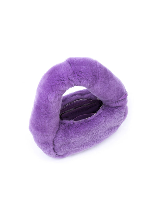 Angled over head view of Parker Shoulder Bag in Purple Rex Rabbit Fur with wide open zipper