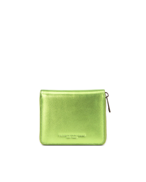 Front Tristan Bi-fold Wallet in Metallic Green Leather 