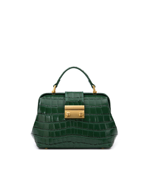Front of Elizabeth Doctor Bag in hunter green croc embossed leather with hunter green croc embossed leather handle brass clasp buckle