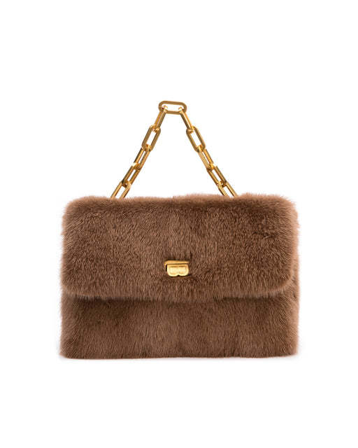 Front of Lisa Shoulder Bag in light brown mink with brass chain link handle and B logo closure