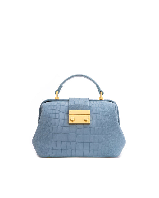 Front of Elizabeth Doctor Bag in blue croc suede with leather handle brass clasp buckle