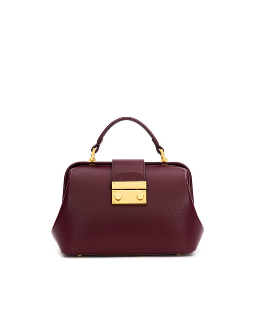 Front of Elizabeth Doctor Bag in burgundy leather with leather handle brass clasp buckle