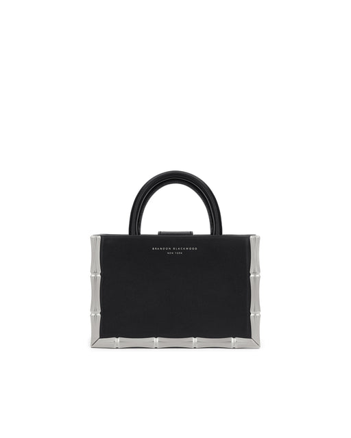 Front of Bamboo B Tote in leather with leather handle and silver bamboo embossed trim