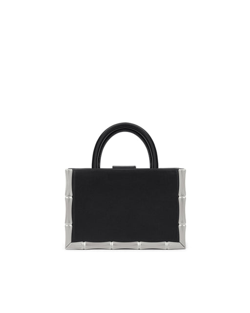 Back of Bamboo B Tote in black leather with leather handle and silver bamboo embossed trim