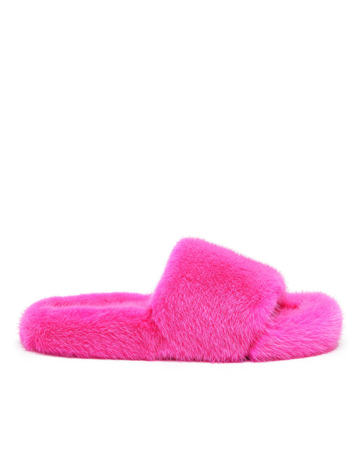 Side view of Open Toe Slipper in Genuine in Hot Pink Mink 