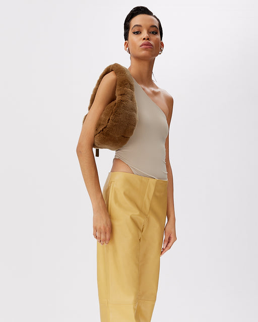 Model posed with Parker Shoulder Bag in Brown Rex Rabbit Fur