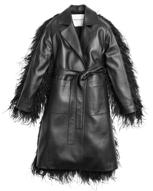 Front of The Sena Trench in black leather, ostrich feather, with belt loops, two patch pockets