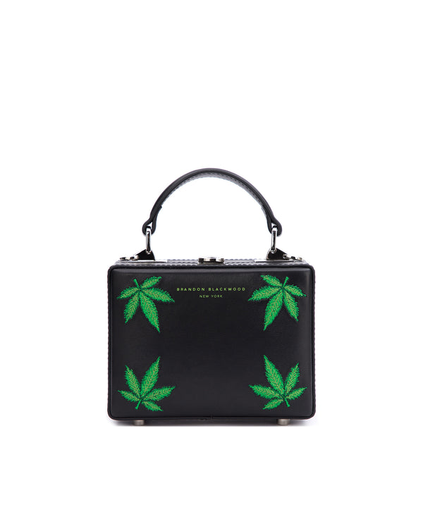 Black Leather with Green Embroidered Leaves