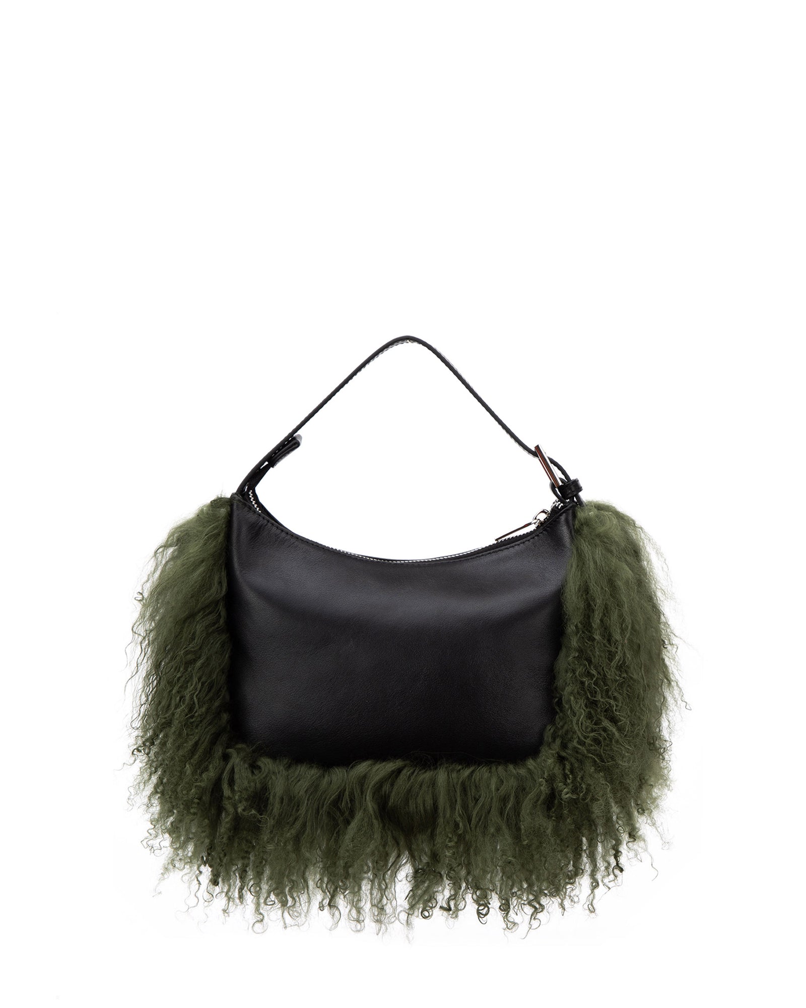 back of Cortni Bag in black leather with bushy green mongolian wool trim with brandon blackwood logo hardware