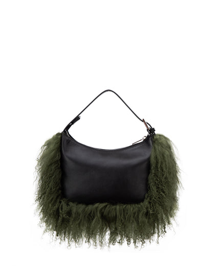 back of Cortni Bag in black leather with bushy green mongolian wool trim with brandon blackwood logo hardware thumbnail 5