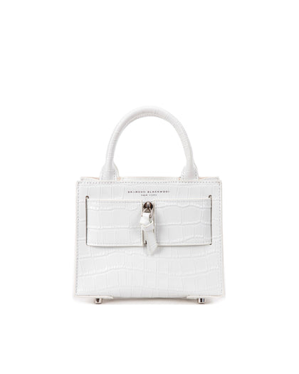 Front of Kuei Bag in white croc embossed leather with white croc embossed silver zipper  thumbnail 1
