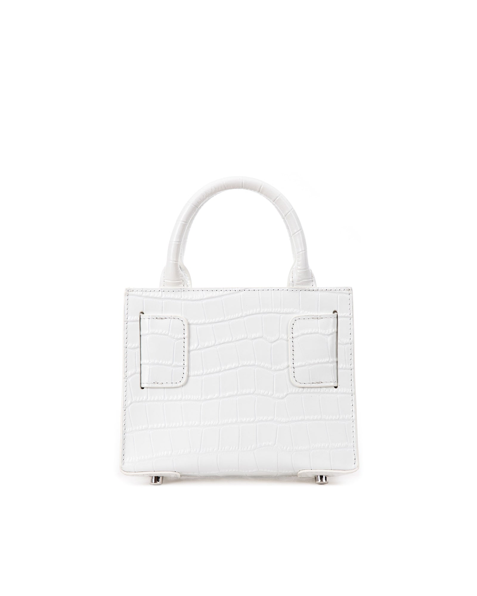 Back of Kuei Bag in white croc embossed leather with white croc embossed handle