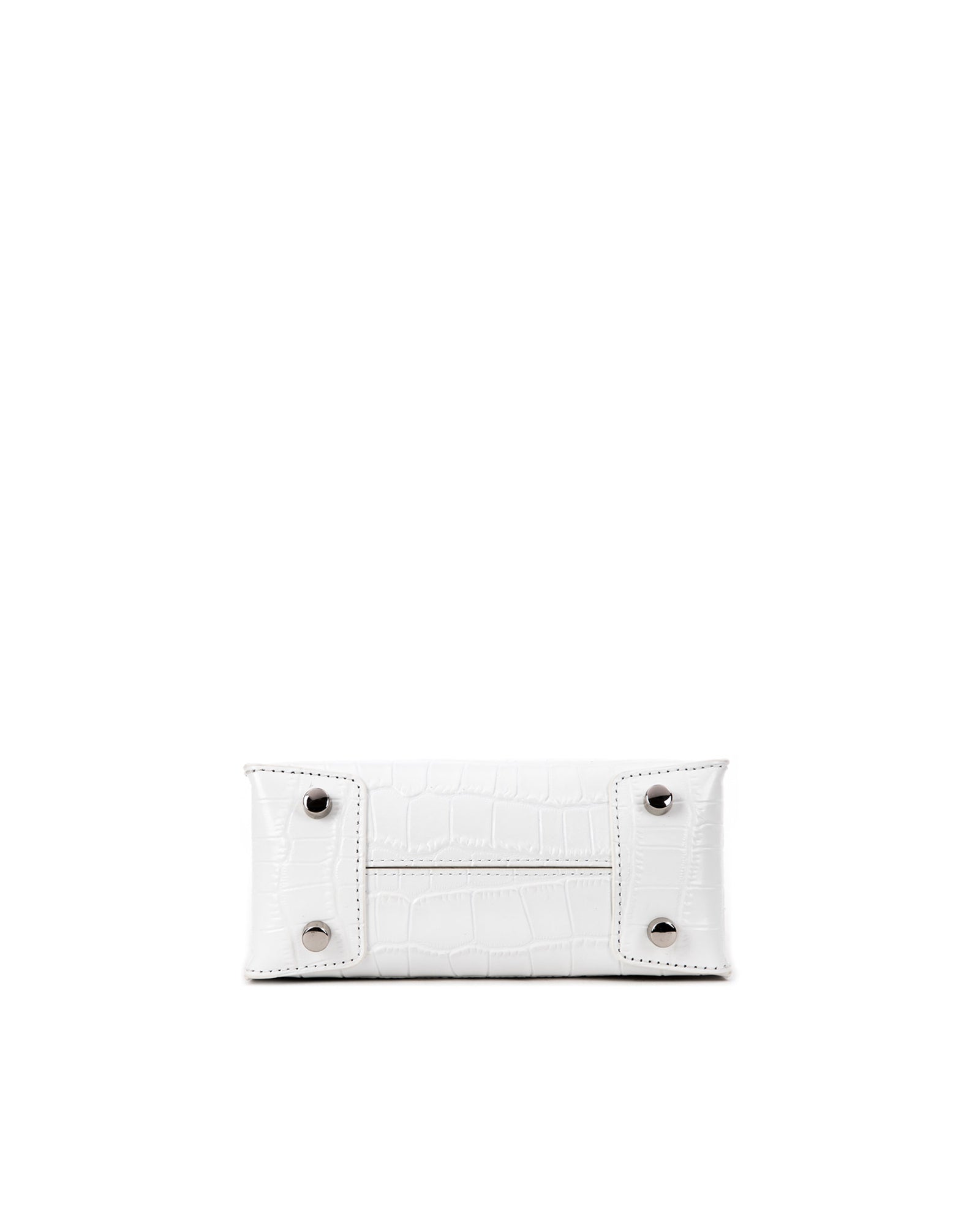 Bottom of Kuei Bag in white croc embossed leather four metal feet