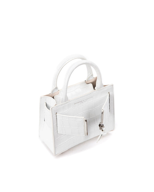 Angled over head view of wide open Kuei Bag in white croc embossed leather with white croc embossed handle white croc embossed silver zipper 