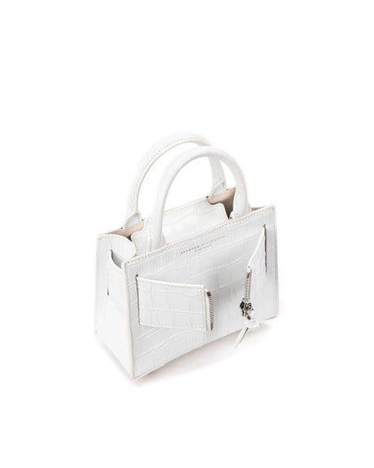Angled over head view of wide open Kuei Bag in white croc embossed leather with white croc embossed handle white croc embossed silver zipper  thumbnail 2