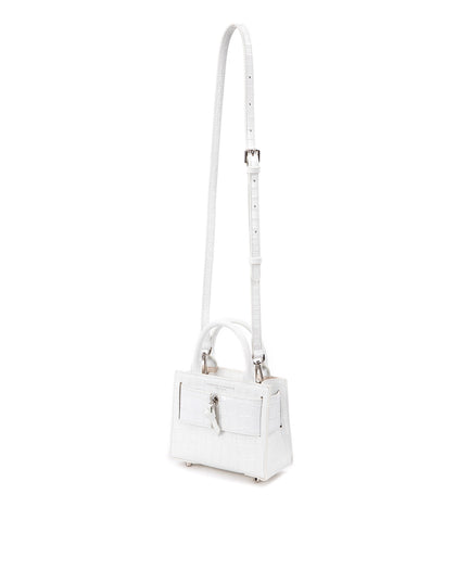 Angled over head view of wide open Kuei Bag in white croc embossed leather with white croc embossed handle white croc embossed silver zipper  hanging with strap thumbnail 4
