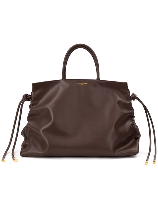 Front of Rouched Tote Bag in Smooth Brown Leather with Brass Hardware