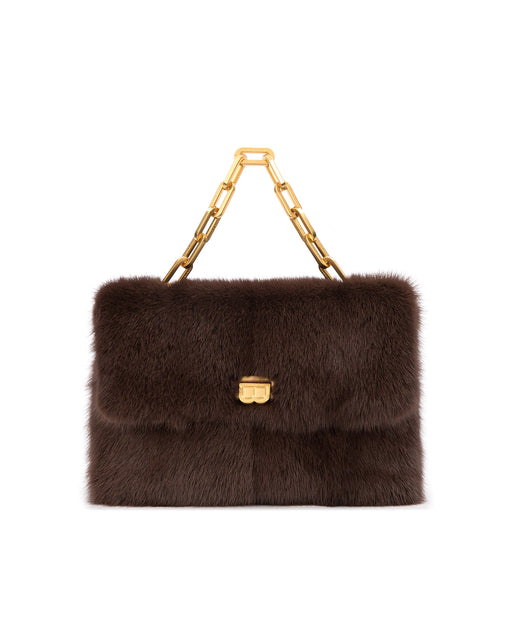Front of Lisa Shoulder Bag in brown mink with brass chain link handle and B logo closure
