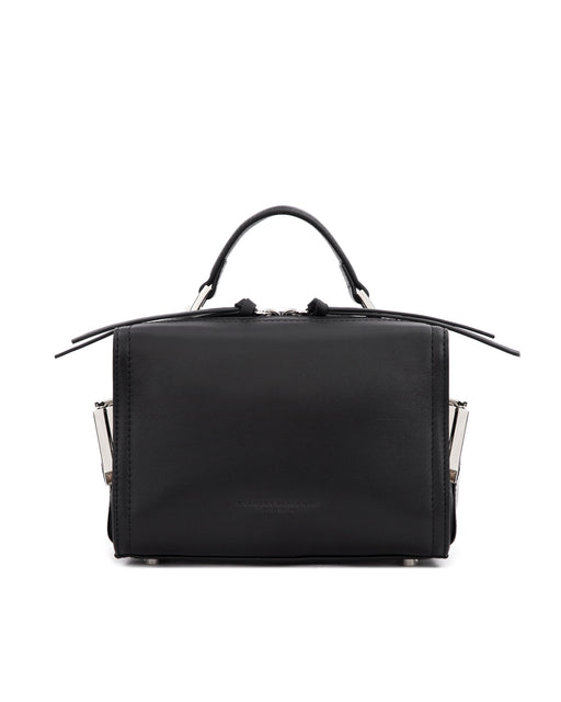 Front of Kimora Bag in black leather with leather handle brass clasp buckle