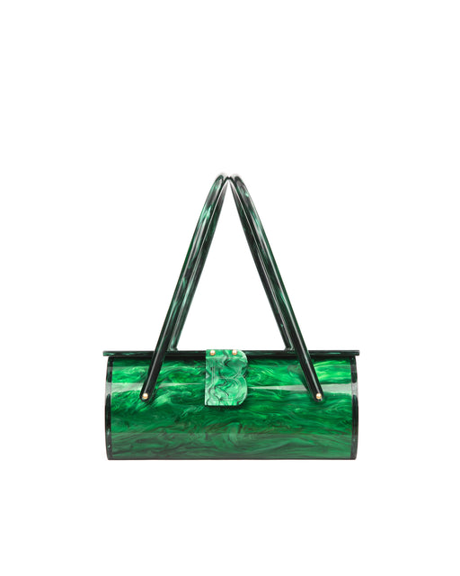 Front of Acrylic Basket Bag, green Marble acrylic body, Brandon Blackwood “B” buckle, two handles on each end