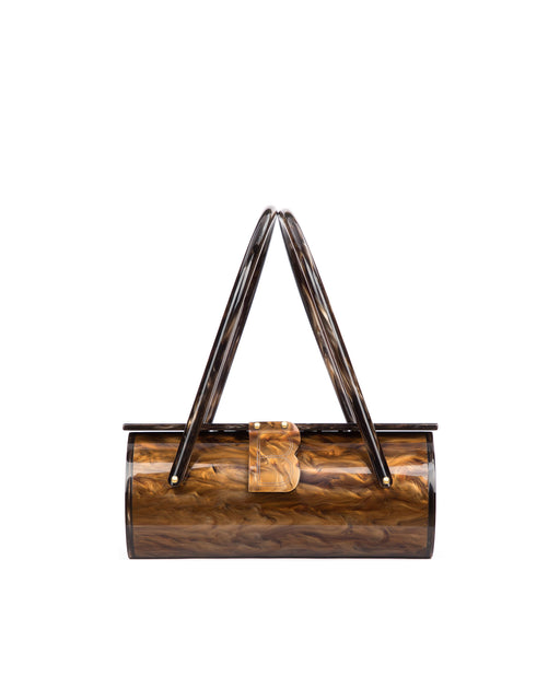 Front of Acrylic Basket Bag, brown Marble acrylic body, Brandon Blackwood “B” buckle, two handles on each end