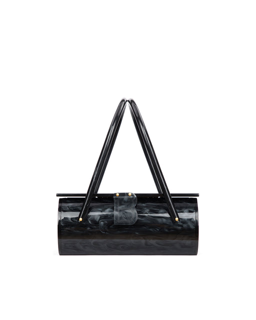 Front of Acrylic Basket Bag, Black Marble acrylic body, Brandon Blackwood “B” buckle, two handles on each end