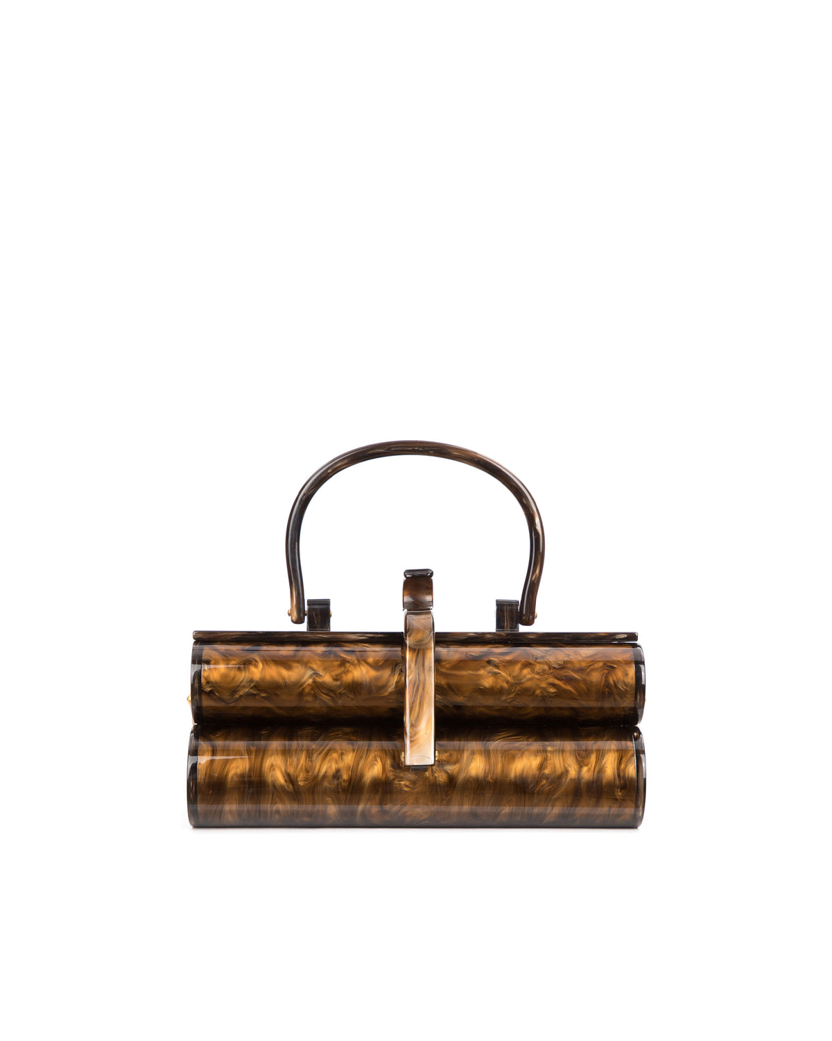 Front of brown Marble Duplex purse with Two leveled acrylic body with stamped Brandon Blackwood logo and acrylic handle