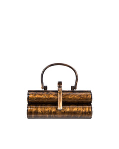 Front of brown Marble Duplex purse with Two leveled acrylic body with stamped Brandon Blackwood logo and acrylic handle