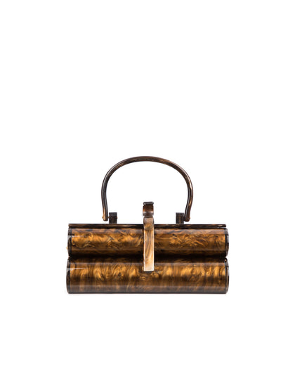Front of brown Marble Duplex purse with Two leveled acrylic body with stamped Brandon Blackwood logo and acrylic handle thumbnail 1