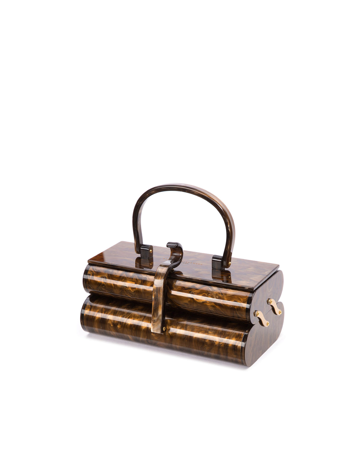Angled shot of Brown Marble Duplex purse with two leveled acrylic body with stamped Brandon Blackwood logo and acrylic handle 