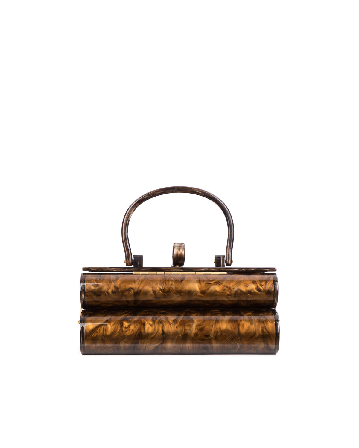 back of brown marble duplex purse with Two leveled acrylic body with stamped Brandon Blackwood logo and acrylic handle 
