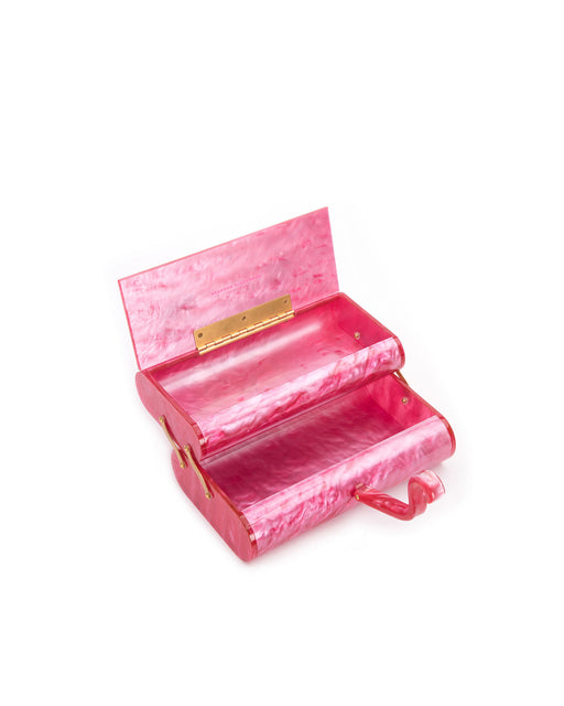 Angled close up of open pivoting double decker compartments  hot pink marble duplex purse