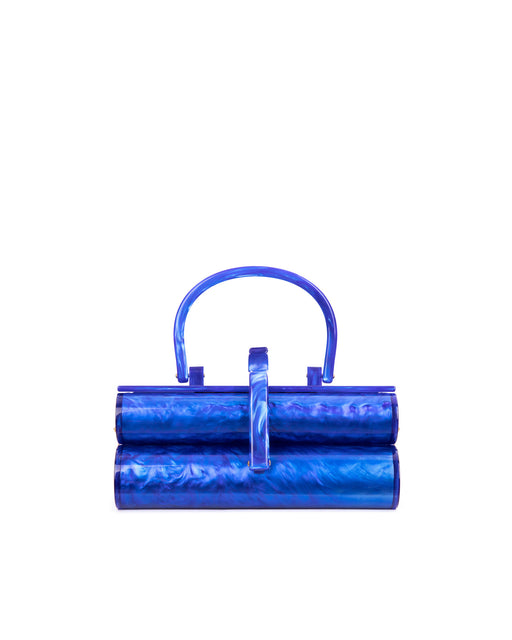 Front of blue Marble Duplex purse with Two leveled acrylic body with stamped Brandon Blackwood logo and acrylic handle
