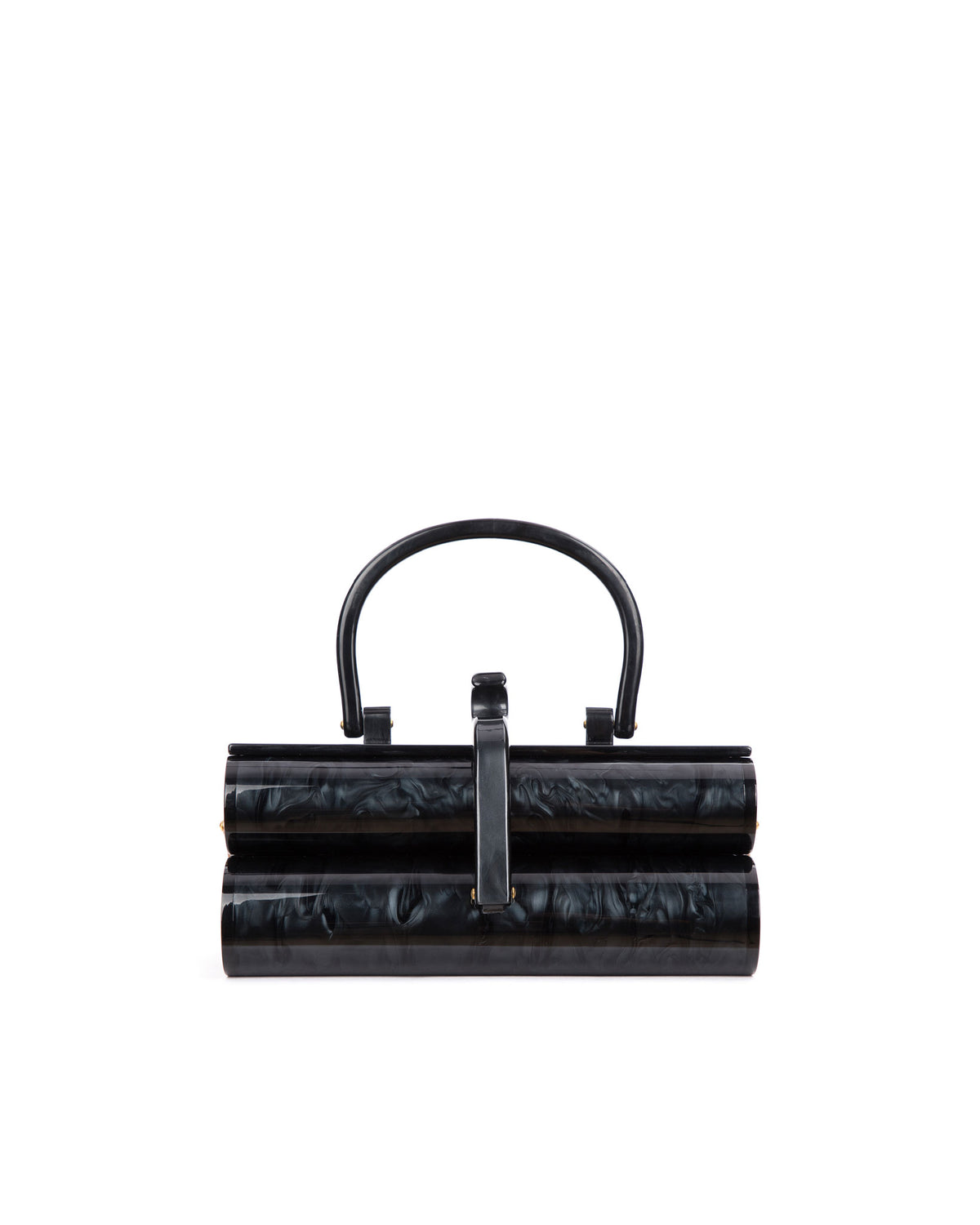 Front of black Marble Duplex purse with Two leveled acrylic body with stamped Brandon Blackwood logo and acrylic handle