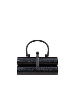Front of black Marble Duplex purse with Two leveled acrylic body with stamped Brandon Blackwood logo and acrylic handle