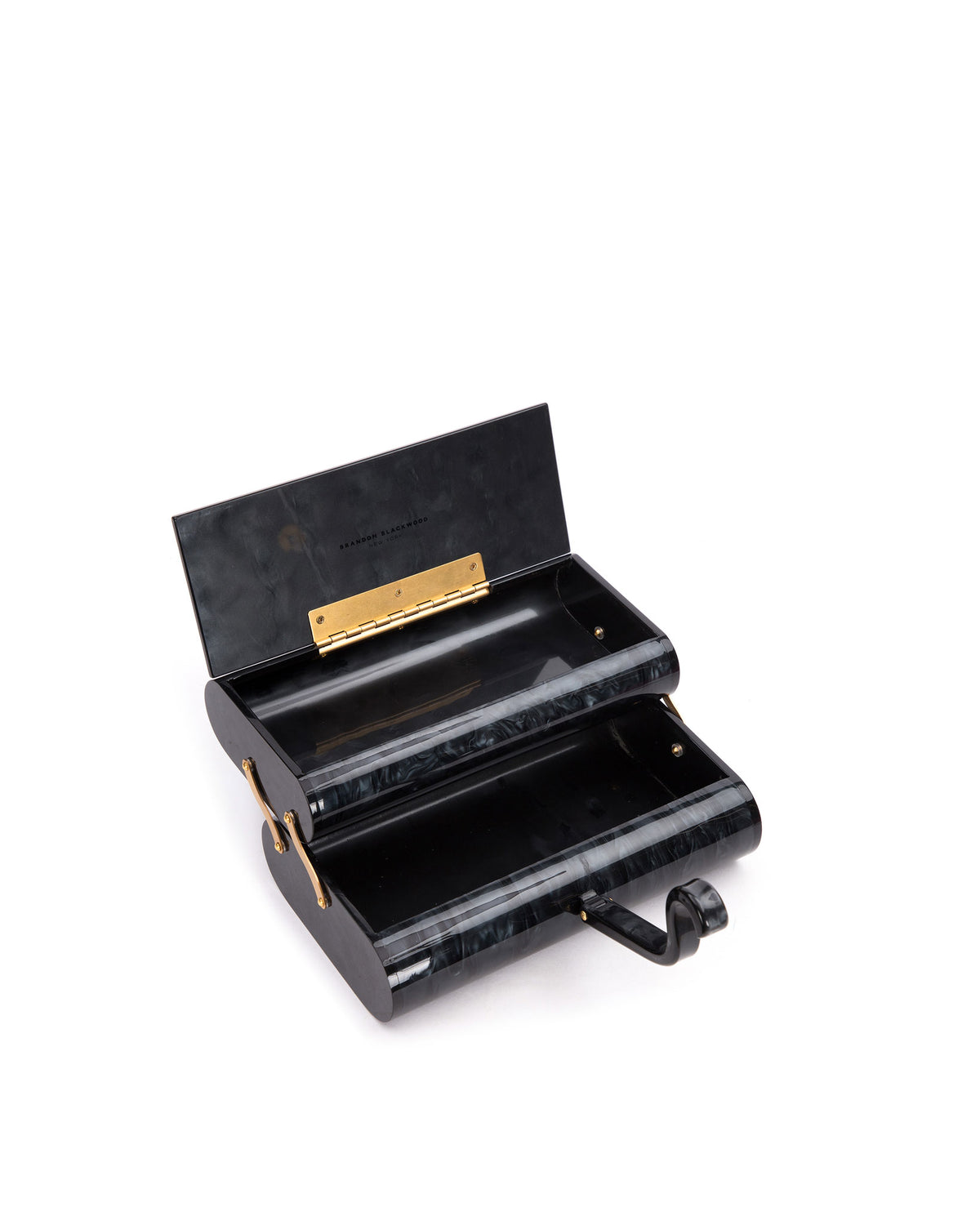 Angled close up of open pivoting double decker compartments black marble duplex purse
