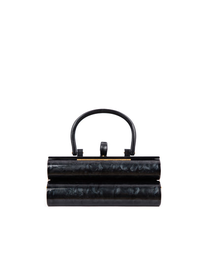 back of black marble duplex purse with Two leveled acrylic body with stamped Brandon Blackwood logo and acrylic handle thumbnail 6