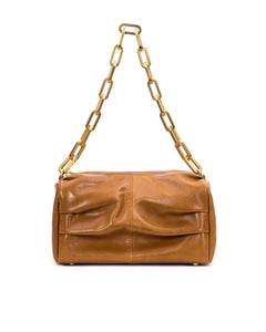 Front of Valentina Shoulder Bag in Tan Cracked Leather with Brass Chain Handle