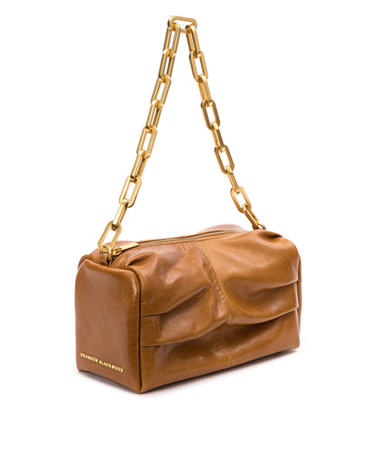 Angled close up  of Valentina Shoulder Bag in Tan Cracked Leather with Brass Chain Handle thumbnail 4