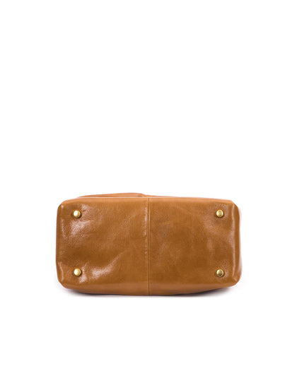 Bottom  of Valentina Shoulder Bag in Tan Cracked Leather with Brass Chain Handle thumbnail 5