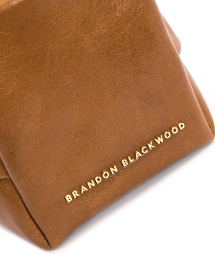 Angled close up  of Valentina Shoulder Bag in Tan Cracked Leather with Brass Chain Handle thumbnail 3